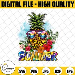 pineapple png with summer sunglasses palm tree sunset flowers png |watercolor png | beach tropical summer png sublimatio