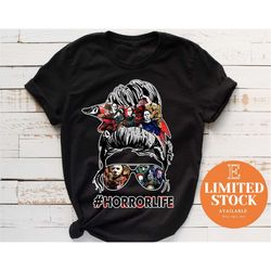 halloween horror movie shirt, messy bun horror life shirt, womens halloween party shirt, fall shirt, halloween gift, ret