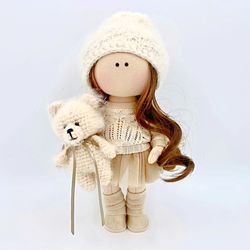 Rag doll with bear, Handmade tilda, Soft fabric puppe, Textile art doll, Cloth doll, Teen girl room decor, Stuffed toy