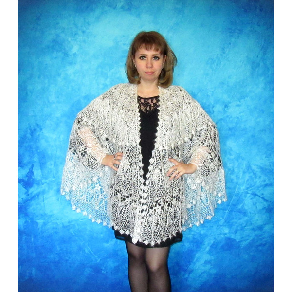 White crochet Russian shawl, Hand knit Orenburg shawl, Wool shoulder wrap, Goat down stole, Warm bridal cape, Openwork cover up, Kerchief, Gift for a woman 8.JP