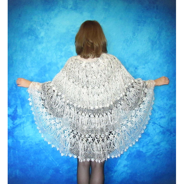 White crochet Russian shawl, Hand knit Orenburg shawl, Wool shoulder wrap, Goat down stole, Warm bridal cape, Openwork cover up, Kerchief, Gift for a woman 4.JP