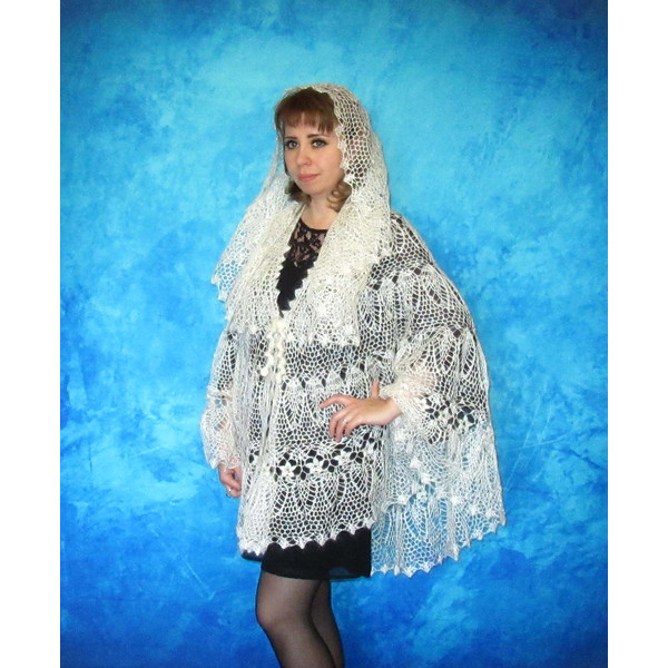 White crochet Russian shawl, Hand knit Orenburg shawl, Wool shoulder wrap, Goat down stole, Warm bridal cape, Openwork cover up, Kerchief, Gift for a woman 9.JP