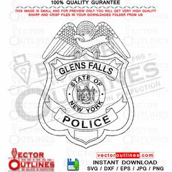 glens falls police new york, police badge, black white, svg, dxf, vector file, cnc router, cricut, laser engraving, file