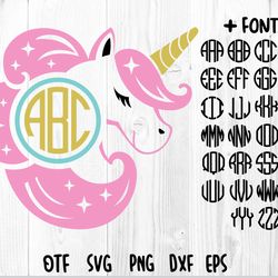 unicorn monogram svg | round monogram font, pink unicorn monogram svg, circle monogram font otf / svg, unicorn stars svg