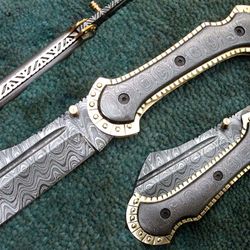 superior hand made damascus steel unique folding knife , folding blade knife