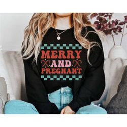 christmas pregnancy announcement sweatshirt jumper, cute merry and pregnant maternity christmas jumper, funny baby revea