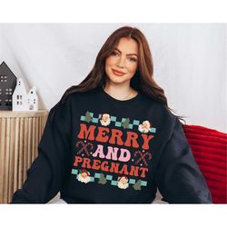 christmas pregnancy announcement sweatshirt jumper, cute retro merry and pregnant maternity ugly christmas sweater, funn