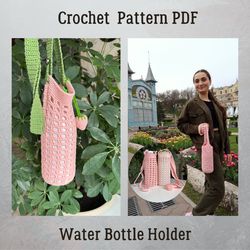 PATTERN ONLY Pink Water Bottle Holder for a girls. Cute Bottle Sling for Walking, Shopping and Travel. Download Pattern.