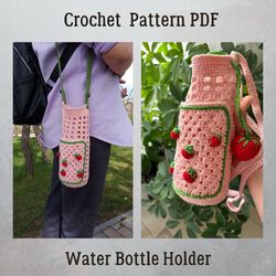 Pattern Only. Unique Strawberry Water Bottle Holder with Phone Pocket for a girl. Download Crochet Pattern. Bottle bag.
