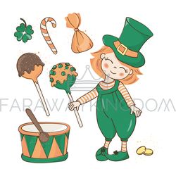 patrick birthday red haired leprechaun vector illustration set