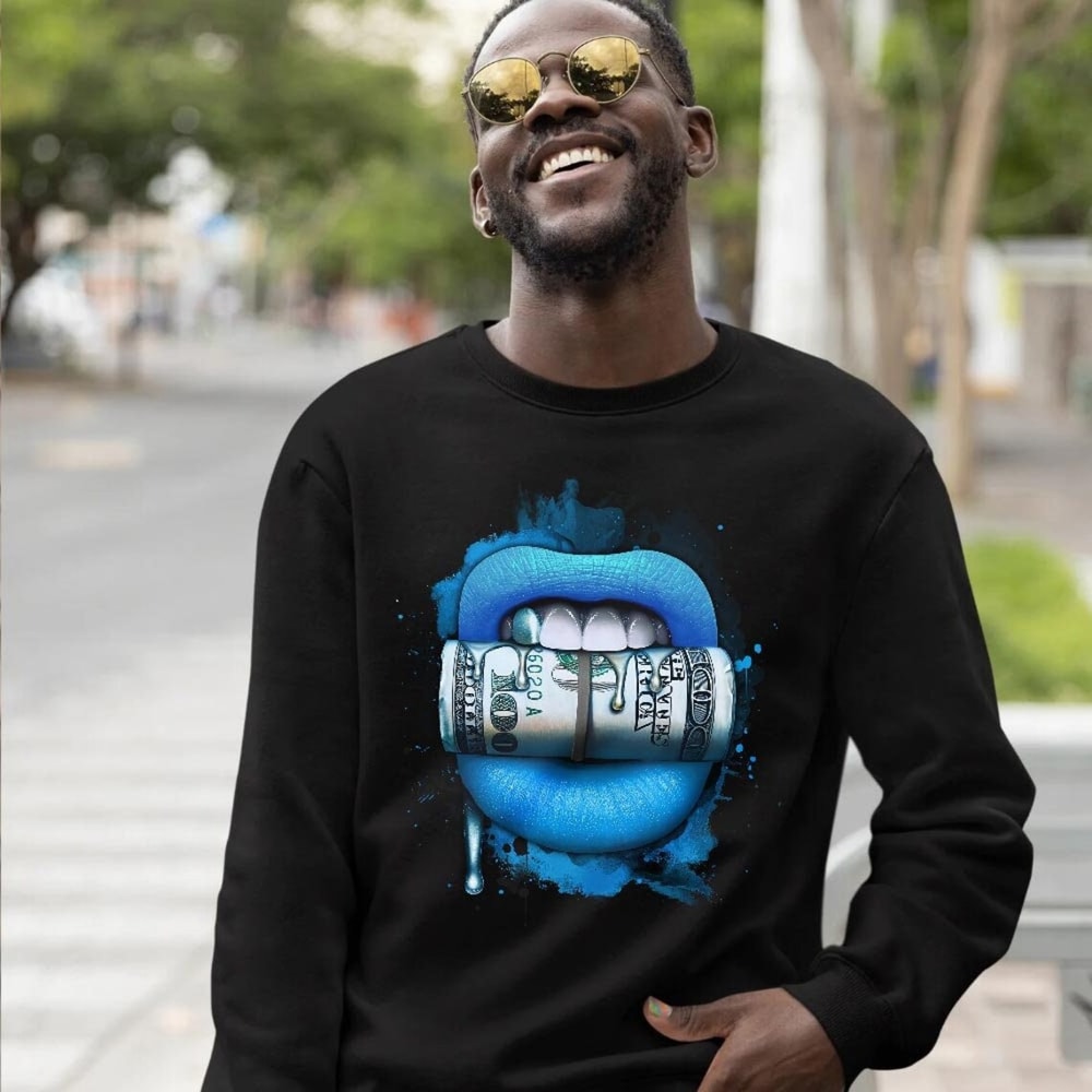 Lips with Money Unisex Sneaker Shirt Match Black University Blue 13s Tee, Jordan 13 Black University Blue 2022 T-Shirt