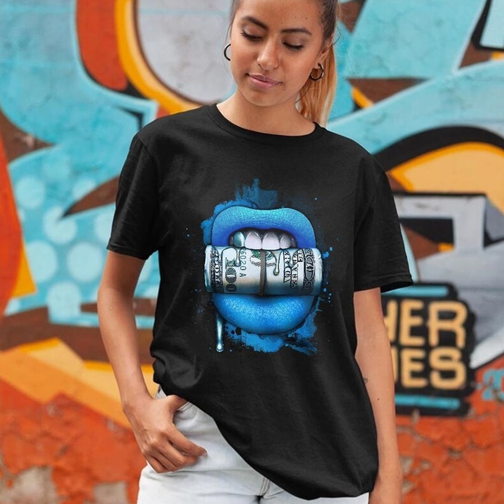 Lips with Money Unisex Sneaker Shirt Match Black University Blue 13s Tee, Jordan 13 Black University Blue 2022 T-Shirt