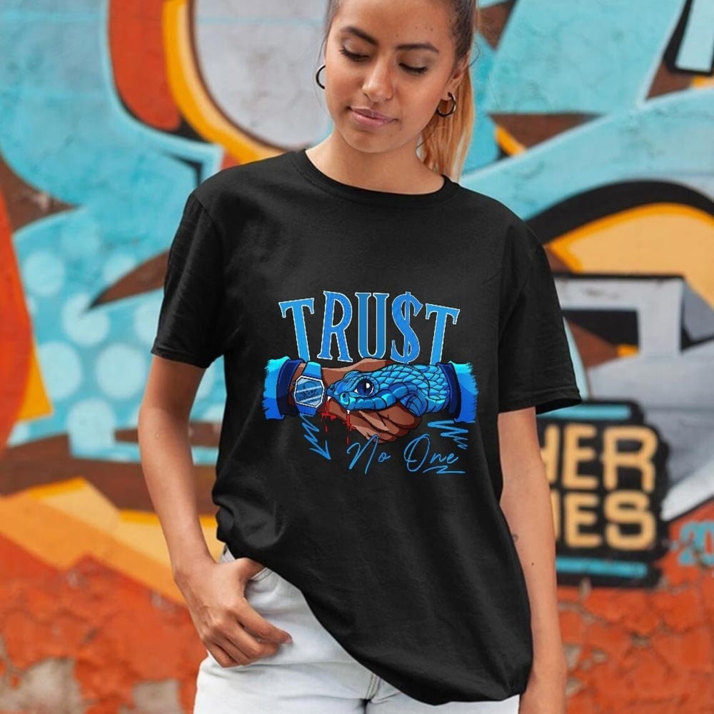 Snake Trust No One Sneaker Shirt Match Black University Blue 13s Tee, Jordan 13 Black University Blue 2022 T-Shirt