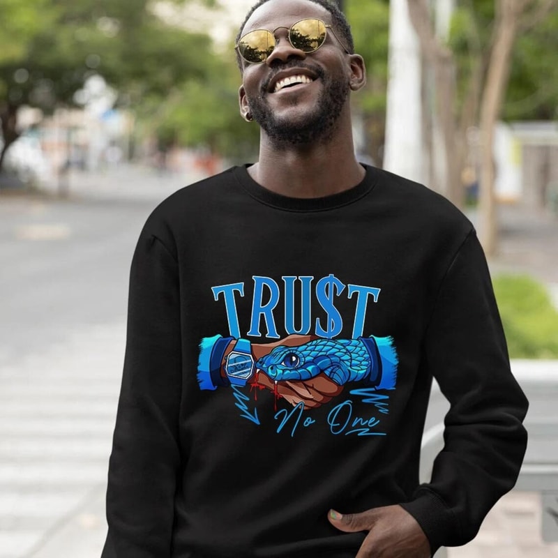 Snake Trust No One Sneaker Shirt Match Black University Blue 13s Tee, Jordan 13 Black University Blue 2022 T-Shirt