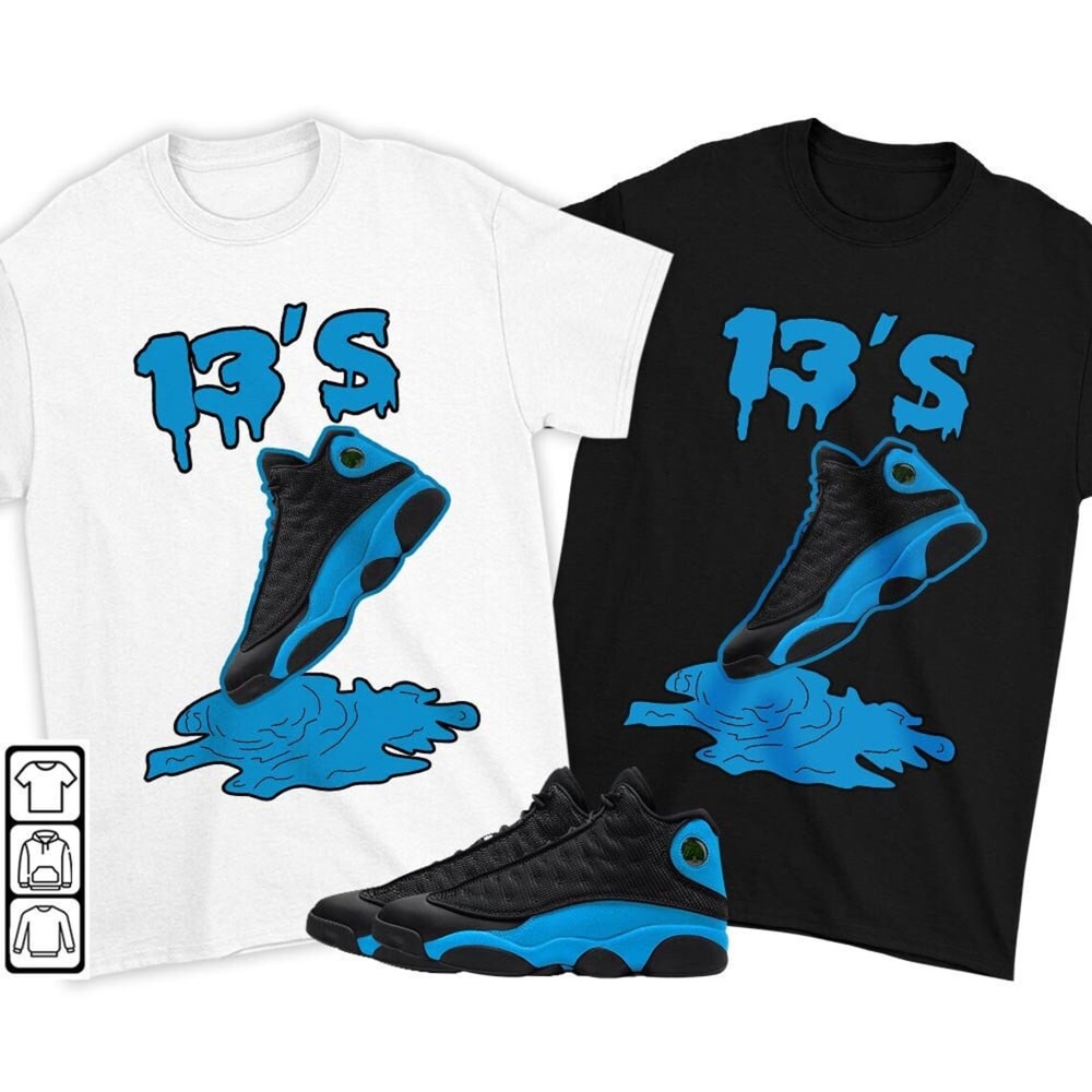 Shoes Dripping Unisex Sneaker Shirt Match Black University Blue 13s Tee, Jordan 13 Black University Blue 2022 T-Shirt