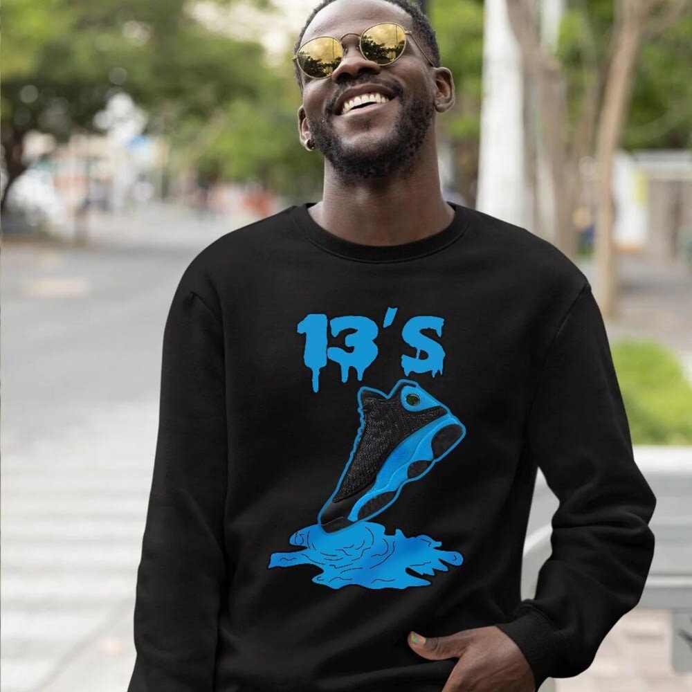 Shoes Dripping Unisex Sneaker Shirt Match Black University Blue 13s Tee, Jordan 13 Black University Blue 2022 T-Shirt