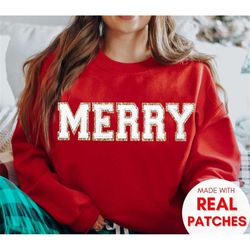 Chenille Patch Christmas Sweatshirt, Merry Christmas Sweater, Christmas Crewneck, Christmas Gifts for Women, MERRY Sweat