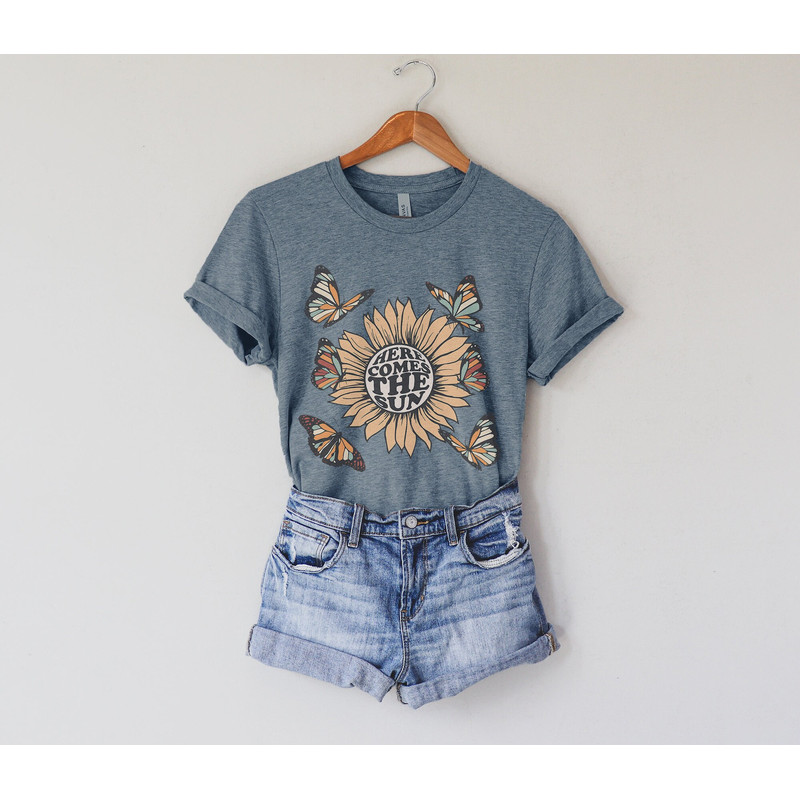 Here Comes The Sun Retro Sunflower and Butterflies Graphic Tee - 1.jpg