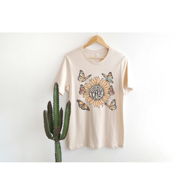 Here Comes The Sun Retro Sunflower and Butterflies Graphic Tee - 2.jpg