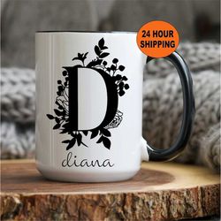 Floral Name Mug With Initial, Personalized Initial Mug, Floral Monogram Gift, Personalized Coffee Mug , Christmas Gifts,