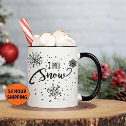 personalized christmas coffee mug, i smell snow, christmas gifts, christmas in july, christmas movie, hot chocolate mug,