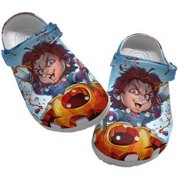 wanna play halloween chucky clog shoes unisex, chucky crocs, movie clog shoes, horror movie crocs, childs play crocs
