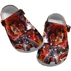 horror halloween chucky clog shoes unisex, chucky crocs, movie clog shoes, horror movie crocs, childs play crocs