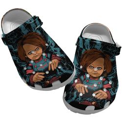 good guys halloween chucky clog shoes unisex, chucky crocs, movie clog shoes, horror movie crocs, childs play crocs