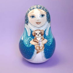 Russian Musical Tipping Toy Tumbler - Wooden bell ringer doll artistically painted . Christmas Bell Snow Maiden .