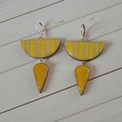 Wooden earrings Geometry Silver plating Yellow striped