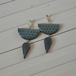 Wooden earrings Geometry Silver plating Dark grey Polka dots