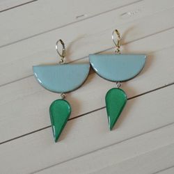 Wooden earrings Geometry Silver plating Emerald and mint green colors