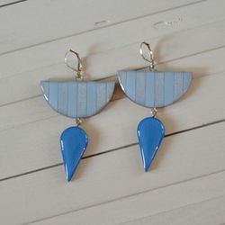 Wooden earrings Geometry Silver plating Blue stripes