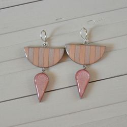 Wooden earrings Geometry Silver plating Pink Peach stripes