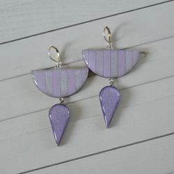 Wooden earrings Geometry Silver plating Lilac pastel stripes