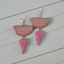 Wooden earrings Geometry Silver plating Pink coral Polka dots
