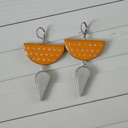 Wooden earrings Geometry Silver plating Yellow Polka Dots