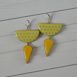 Wooden earrings Geometry Silver plating Yellow Polka Dots