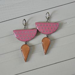 Wooden earrings Geometry Silver plating Copper and pink Polka dots