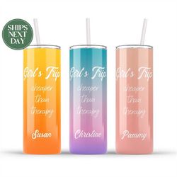 girls trip, cheaper than therapy travel tumbler - 2023 vacation travel to go cup - summer cup - skinny tumbler t-470