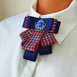Blue red collar bow brooch Plaid bow tie pin Neck bow for women Large neck brooch