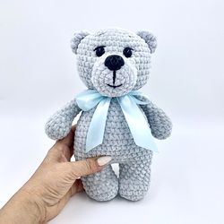 Soft teddy bear, Handmade plush toy, Knitted animal, Stuffed toy for a child, Tactile educational toy, Nursery decor