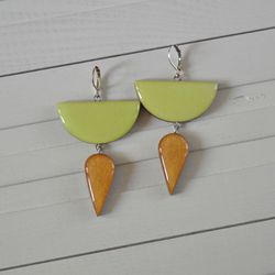 Wooden earrings Geometry Silver plating Yellow and Gold colors