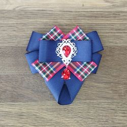 Plaid bow tie pin Blue red collar bow brooch Neck bow for women Large neck brooch with red crystal