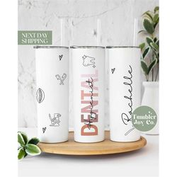 custom name pink tone dental hygienist tumbler for appreciation - gift for best dh coworker - travel to go cup - rdh tum