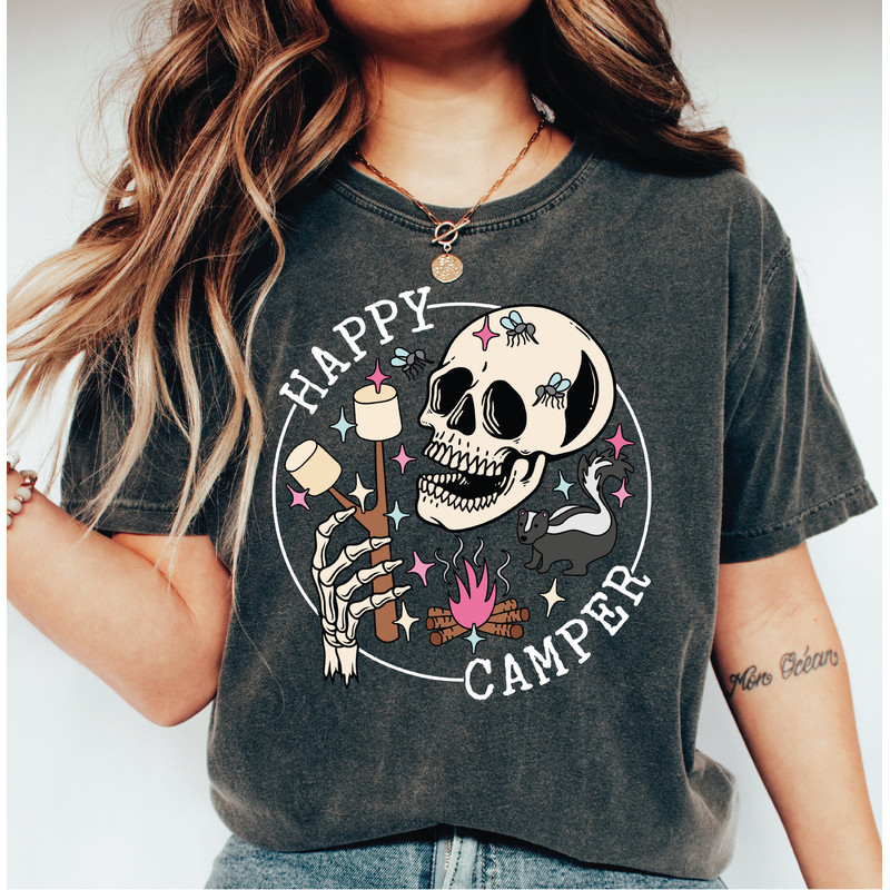 Happy Camper Shirt, Skeleton Camping Unisex Graphic Tee, Funny Camping Crew Shirt, Family Camping Shirt Gift-435 - 1.jpg