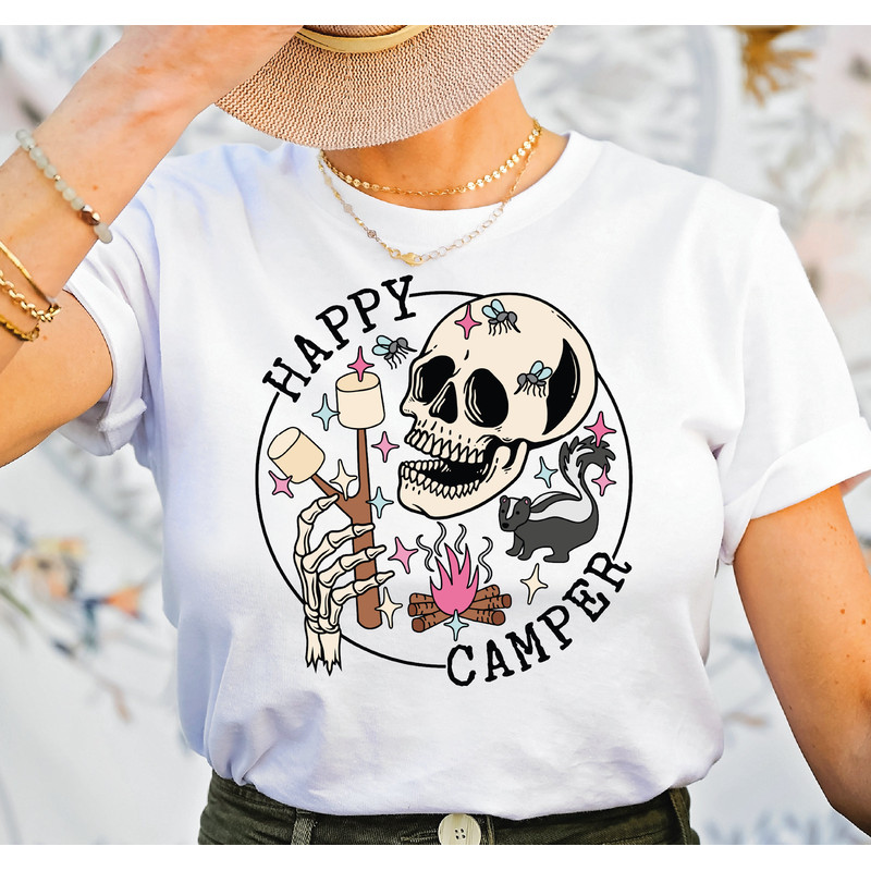 Happy Camper Shirt, Skeleton Camping Unisex Graphic Tee, Funny Camping Crew Shirt, Family Camping Shirt Gift-435 - 2.jpg