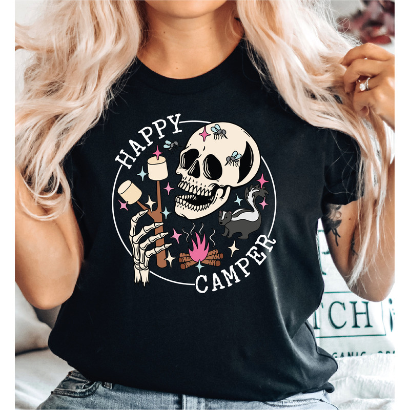 Happy Camper Shirt, Skeleton Camping Unisex Graphic Tee, Funny Camping Crew Shirt, Family Camping Shirt Gift-435 - 3.jpg