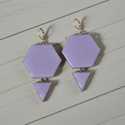Earrings geometry minimalism Wooden Silver plated Lilac pastel