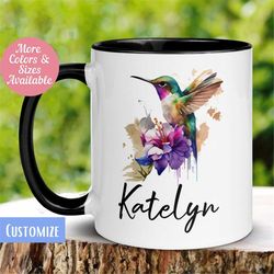 personalized orchid hummingbird mug, custom name mug, spring mug, floral coffee mug, personalized mug, watercolor flower